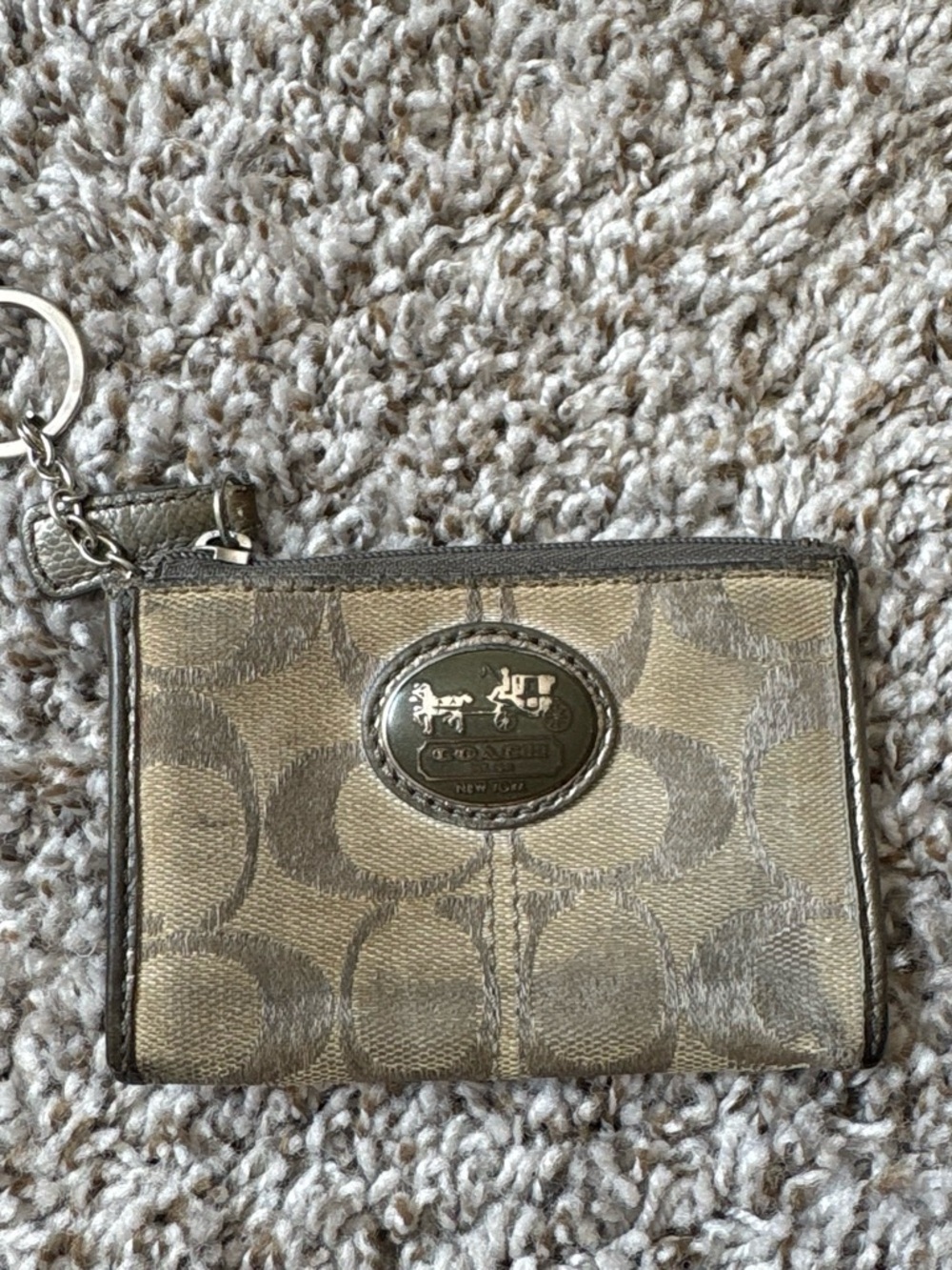 Coach Metallic Gray Signature Card Case with Key Ring Plate